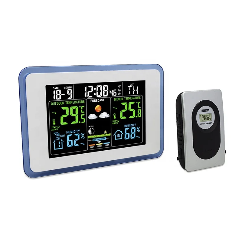 LCD alarm clock with Weather Station hang wall equipped with 3 outdoor temperature measuring equipment