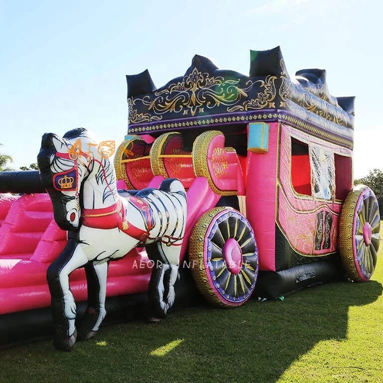 Inflatable Princess Carriage Combo Durable PVC Pink Castle Princess Carriage Inflatable Bounce House Slide