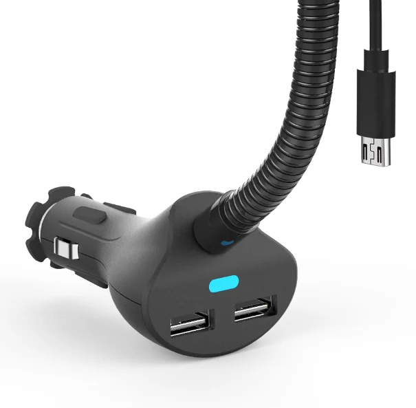 soporte celular 3.1 A dual USB ports built-in QC3.0 micro usb /type-c cable phone charger with flexible gooseneck car bracket