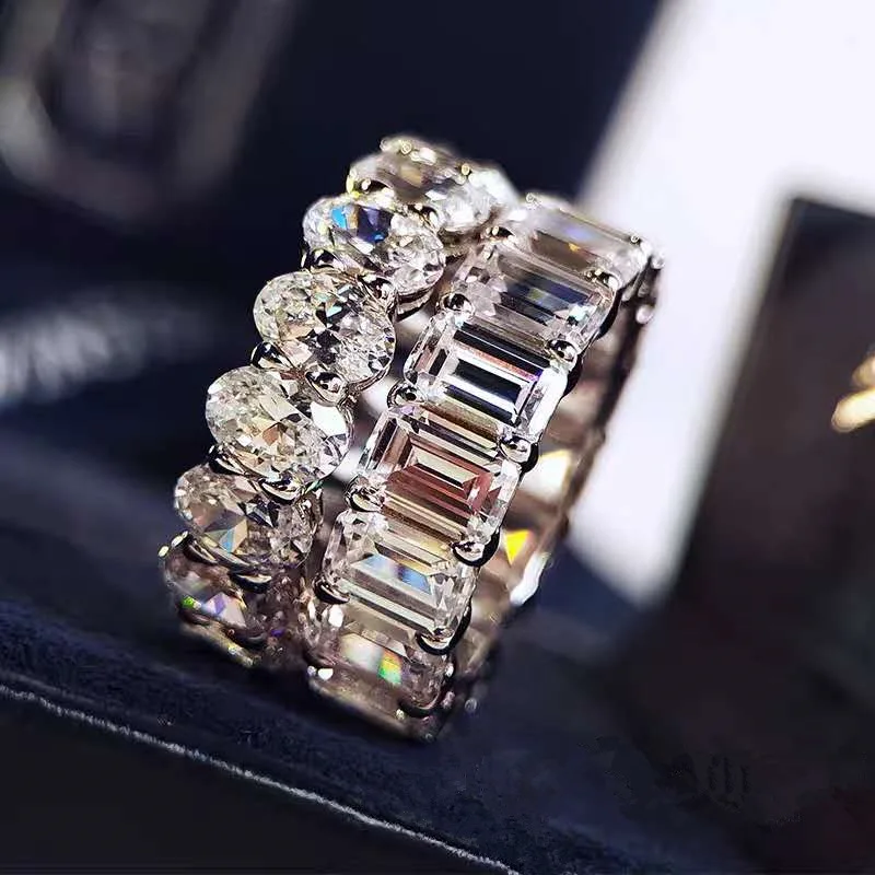 Geometric Europe and the United States silver ring high quality with diamonds wide face ins rows of diamonds shining finger ring