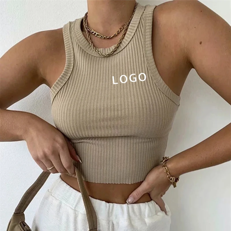 Basic Sleeveless Summer Shirt Custom Logo Woman Crop Top Sexy Ribbed Tank Top Fashion Bodycon Tight Thin White Crop Tank