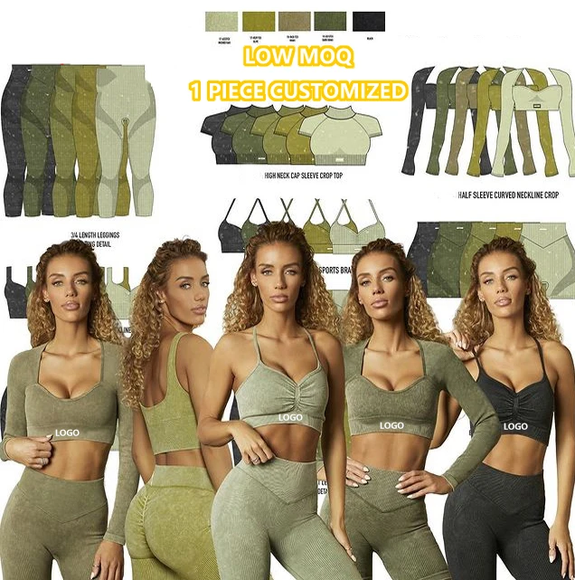 wholesale Custom Sand Washed 6pcs Seamless Yoga Set Workout Clothing Anti-wrinkle Hip Lift Gym Ribbed Yoga Suit Active Wear Set