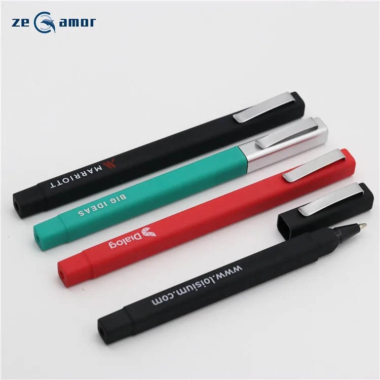 Zeamor canetas promotional items High quality luxury silver clip rubber black square hotel ball pen with custom logo free sample