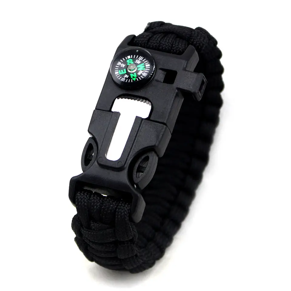 Paracord Rope Whistle Compass, Scraper Fire Starter Multifunction Outside Buckle Bangle Bracelet