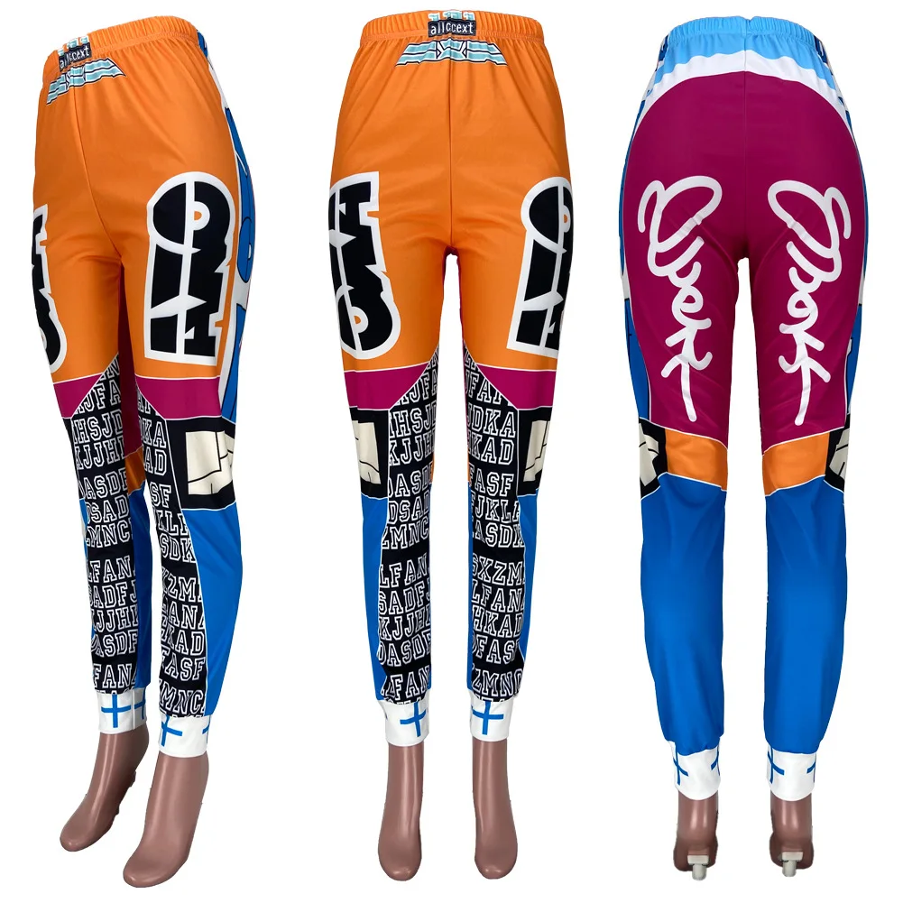 Fall Casual Long Color Block Letter Printed Loose Motorcycle Sweat Trousers Track Cargo Sweat pant Joggers Women Ladies Pants