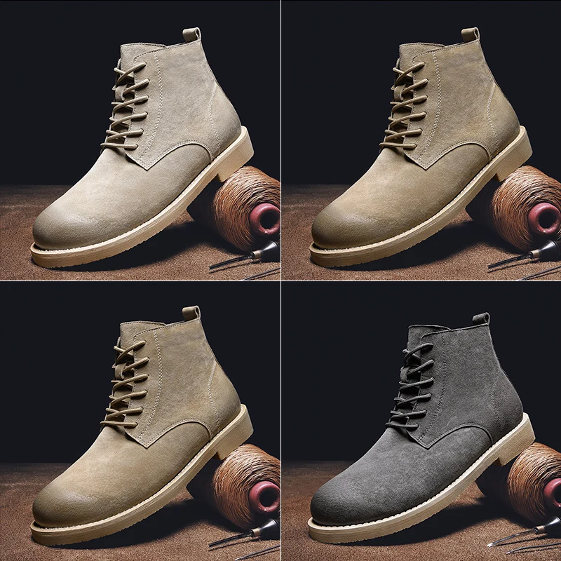 Fashion Trend Sand Grey Color Men Lace Up Boots Casual Leather Boots For Men