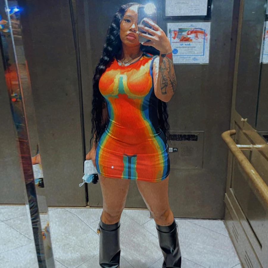 Новое поступление 2022, летняя модная одежда для вечеринок и клубов, облегающее мини-платье без рукавов с принтом, сексуальная женская одежда