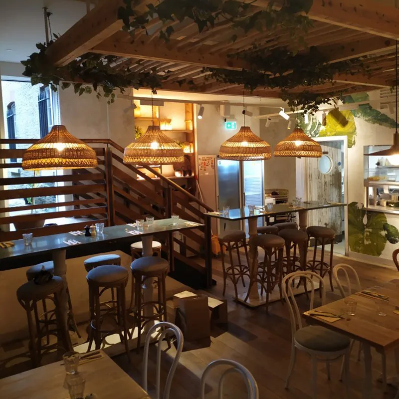 Indoor Retro Decorative Modern Decorative Round Led Hanging Wicker Light Wooden Woven Rattan Pendant Lamp For Restaurant