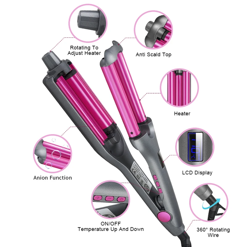 Three barrel Hair Curler Professional 3 barrel waver Curling Iron wand with LED Temperature Display wave hair curling iron