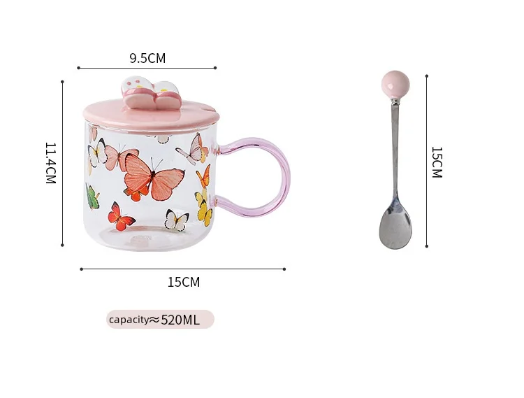 Butterfly Thermostable Glass Breakfast Cup Gift High Appearance Level pink Girl Heart Water Cupmug with Lid Spoon