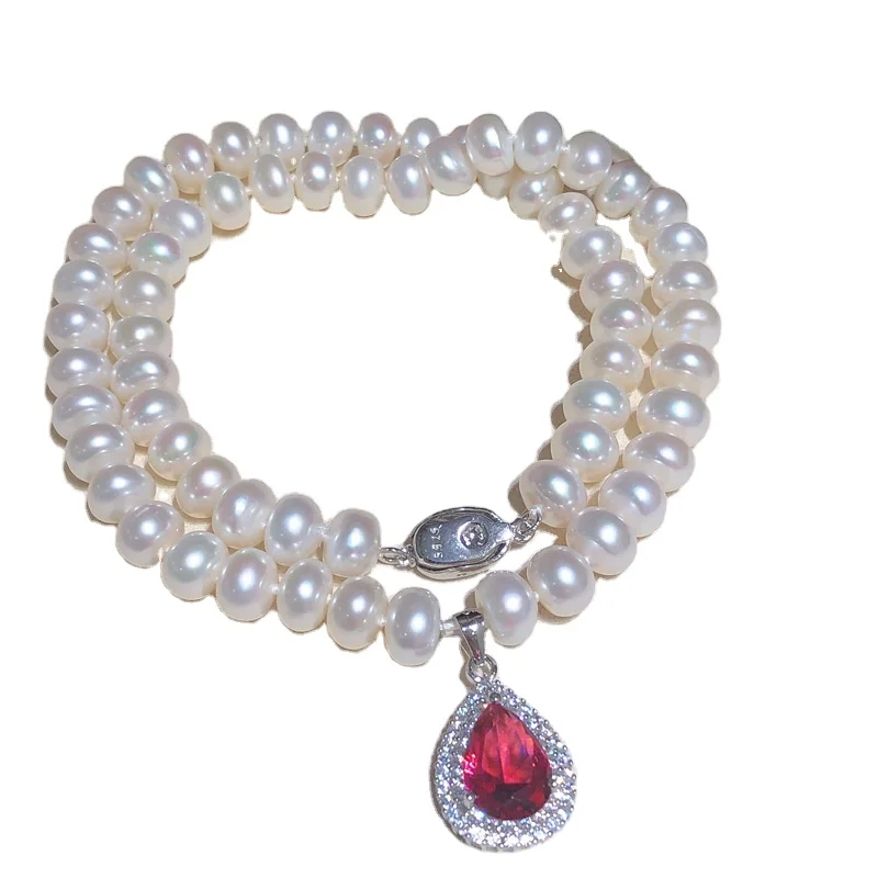18 inches 8-9mm Pearl Necklace With Waterdrop Emerald/Ruby Pendant Elegant Natural Freshwater For Mother/Grandma Gifts