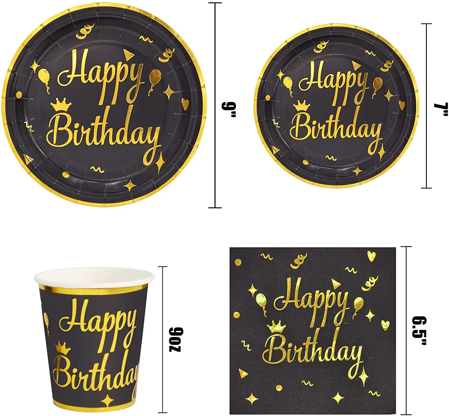 Black Paper Plate Cups Napkins Happy Birthday Plates Decoration Disposable Tableware Set Party Supplies