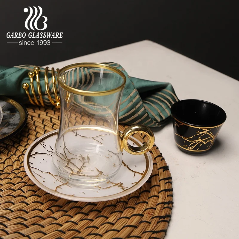 Tea glass cup with marble print saucer plate custom decal coffee drinking glasses tumbler set glassware table decoration cups