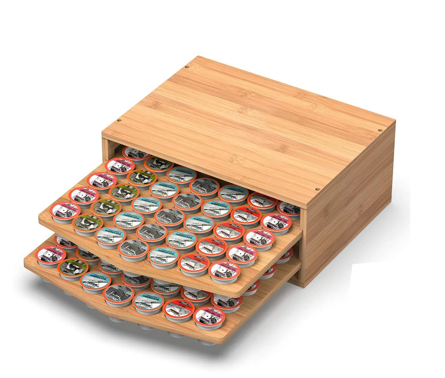 2-tier Bamboo Coffee Pod Capsule Holder Storage Organizer With Drawer For 70 K-cup Pods