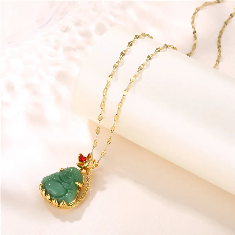 Religious Green Jade Buddha Pendant Necklace 18k Gold Plated Stainless Steel Lip Chain Laughing Buddha Jade Necklace
