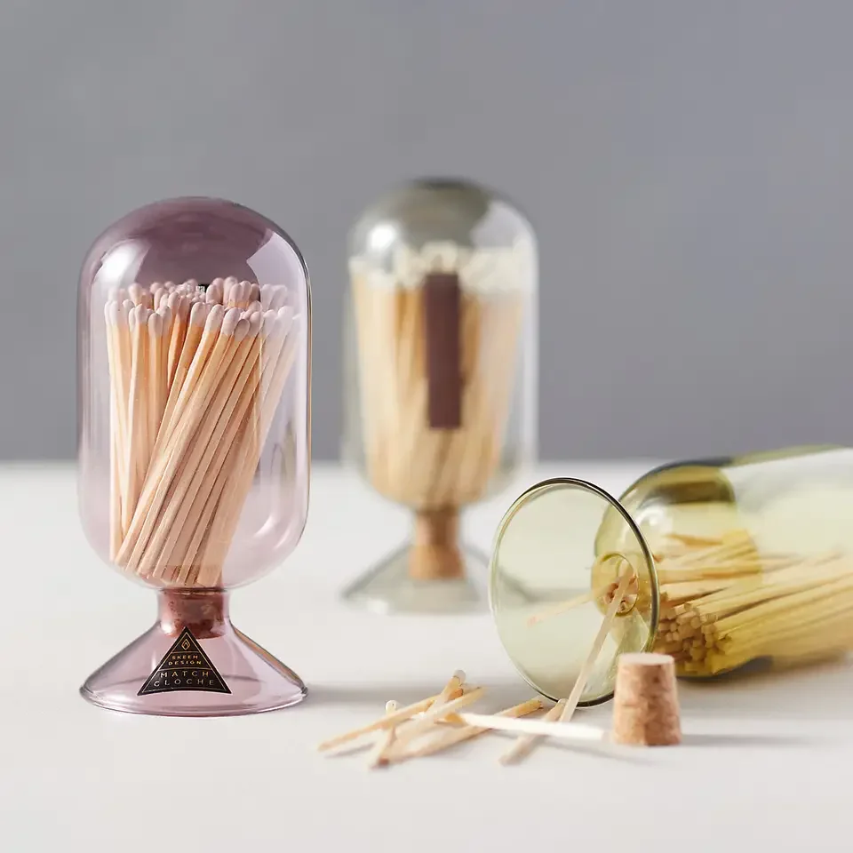 Unique Design of Colors and Sizes Glass Match Cloche Jars for White Matchsticks Packing