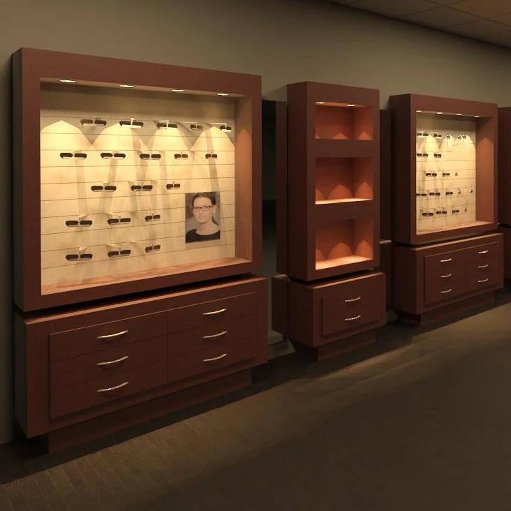 Optical Shop Design Wooden Sunglass Display Stand Showcase Custom Eyeglasses Store Shelf Decoration Eyewear Display Cabinet