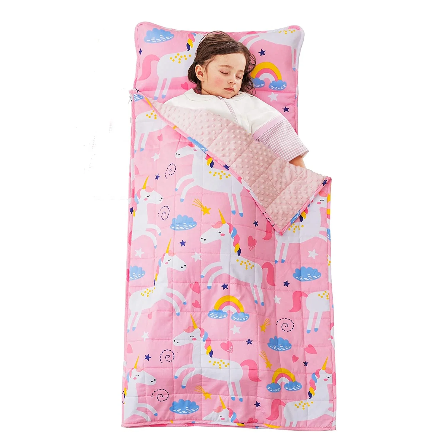 New Fashion 2 in1 Weighted Blanket Nap Mat with Carry Bag for Preschool Support Custom Name Sleeping Bag with Removable Pillow