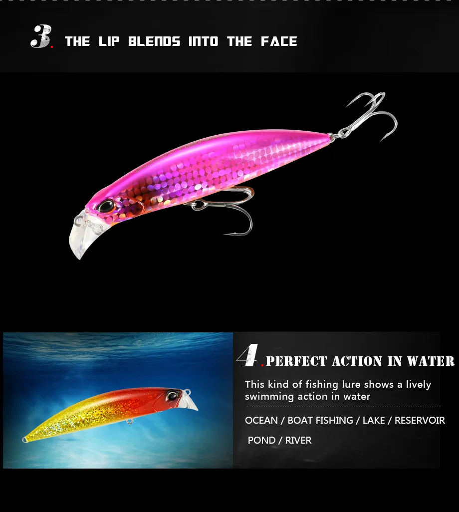 New Products 95mm 30g Lifelike 3D High Simulation Eyes Heavy Minnow Sinking Lures with Sharpended Hook