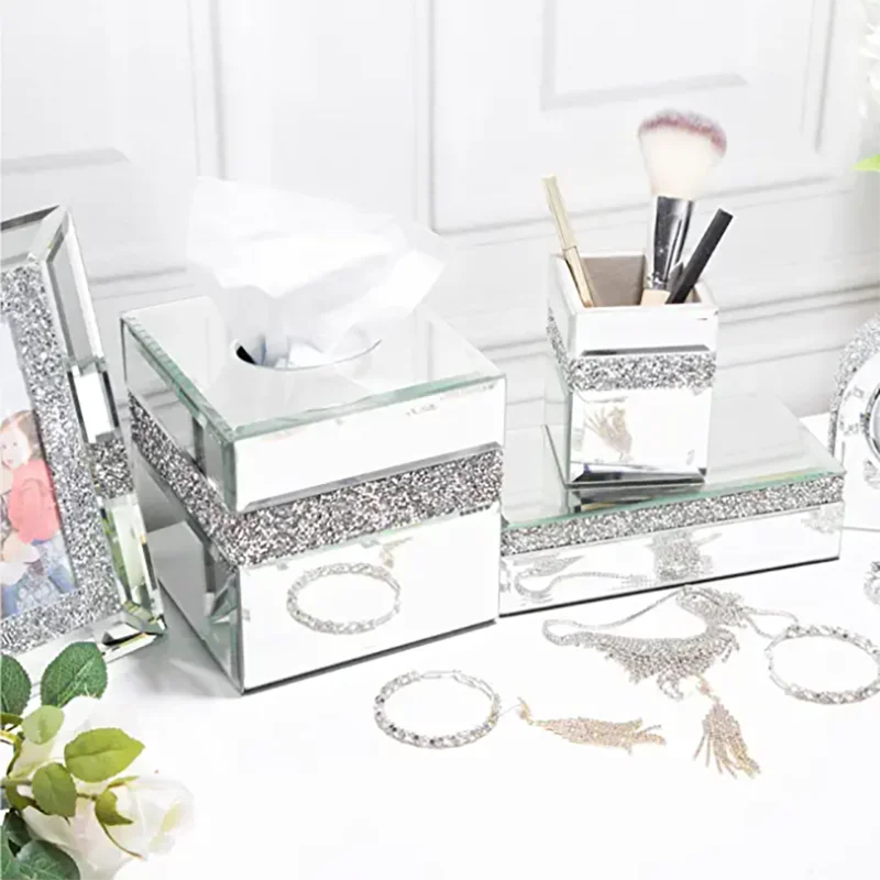 Diamante Mirrored Tissue Box Cover Brush Holder Kit Tissue Box Holder for Dresser Living Room Bedroom Luxury Gift