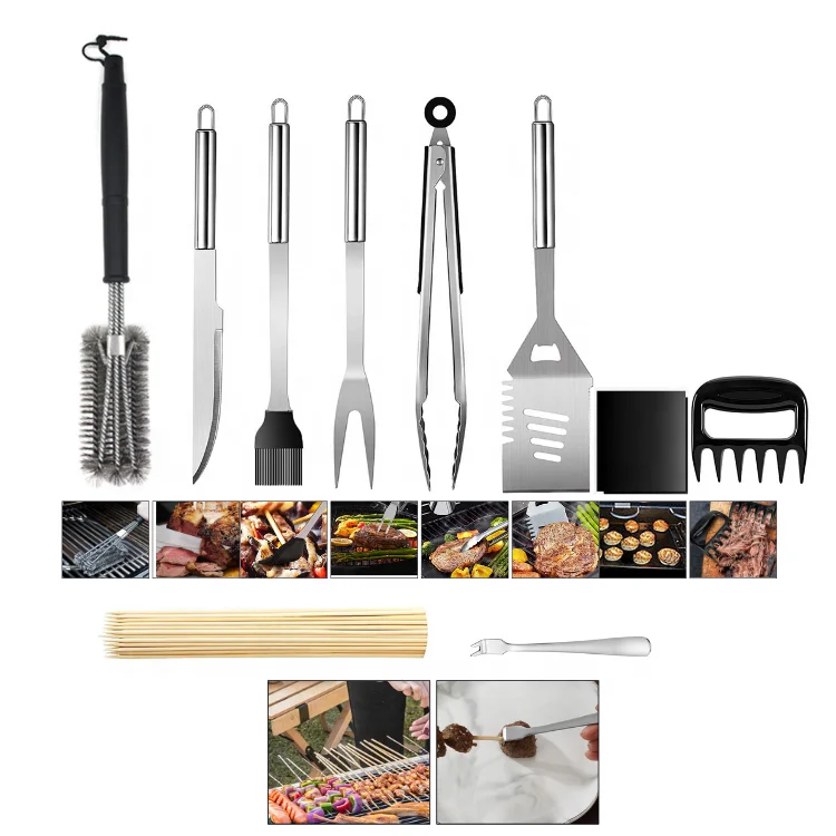 Metal Grill Set with Best Cleaning Brush Spatula Tongs Scraper Weber Black Grilling Apron Gift Kit for Camping Backyard Barbecue