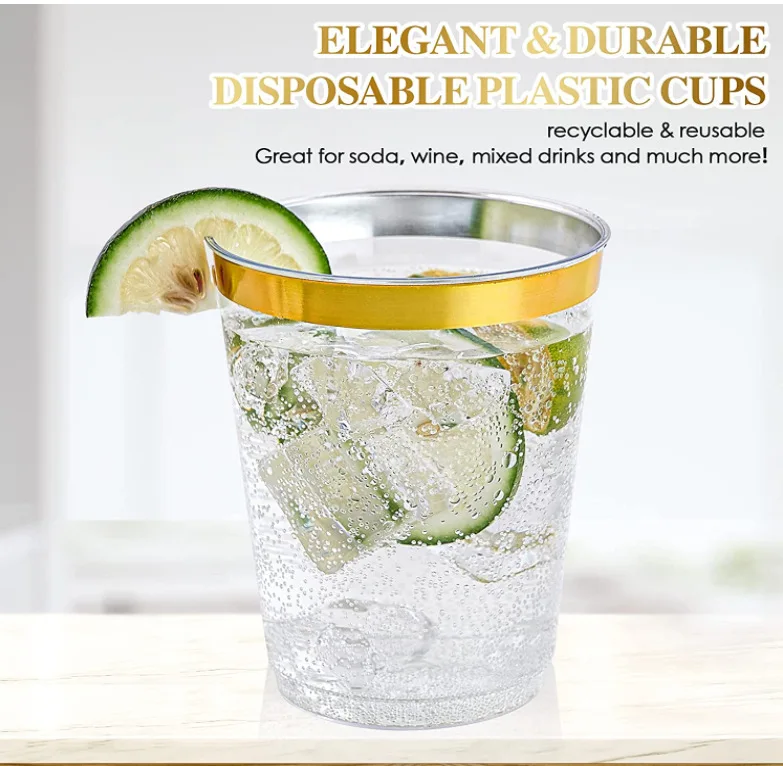 Custom 10 oz disposable cups 300 ml Holiday clear gold trimmed party plastic wedding cups