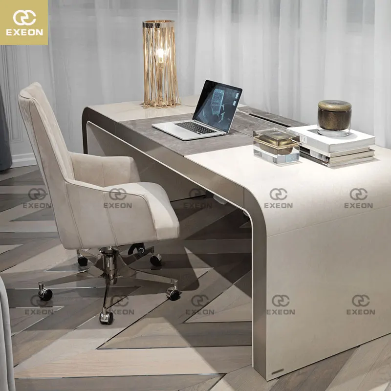 Modern Design Luxury Wooden European Home Office Desk Gold Stainless Steel Microfiber Leather Modern Design Study Desk