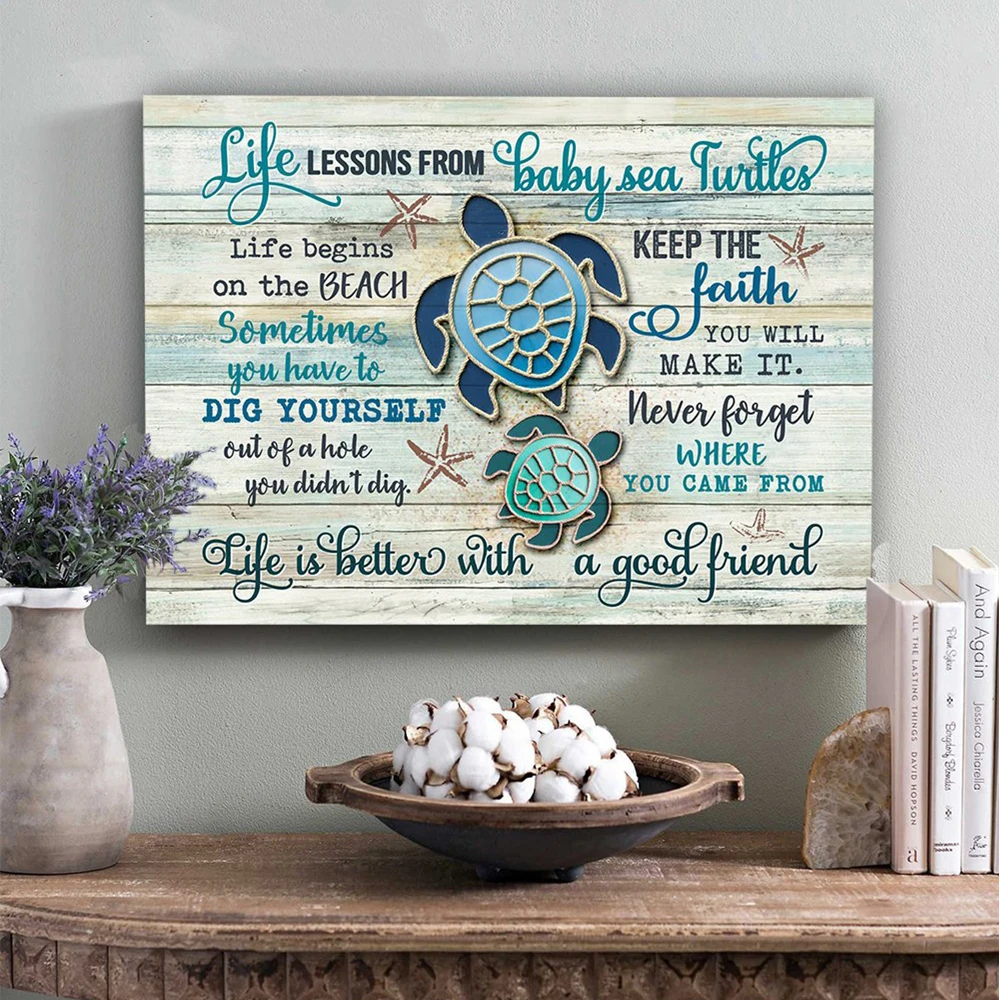 Life Lessons From Baby Sea Turtles Canvas Wall Art Farmhouse Sign