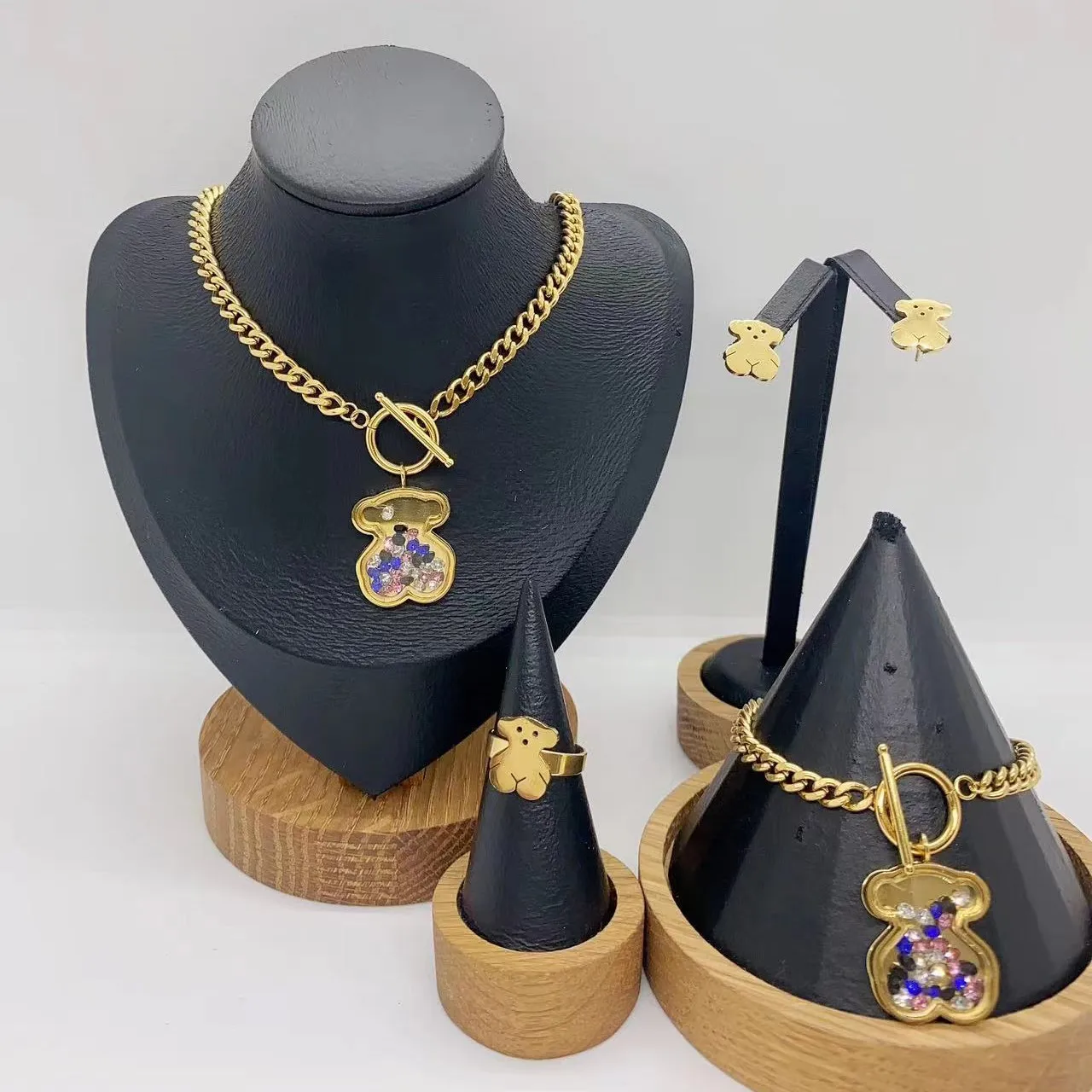 Thick Stainless Steel Jewelry Wholesale Cute Bear Earnail Pendant Necklace Set Womens Jewelry Series
