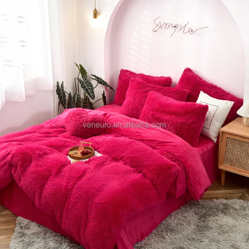 Wholesale Winter Warm Faux Fur Velvet Plush Queen King size Fluffy Furry Bed Sheets duvet cover 4 pieces Bedding Set