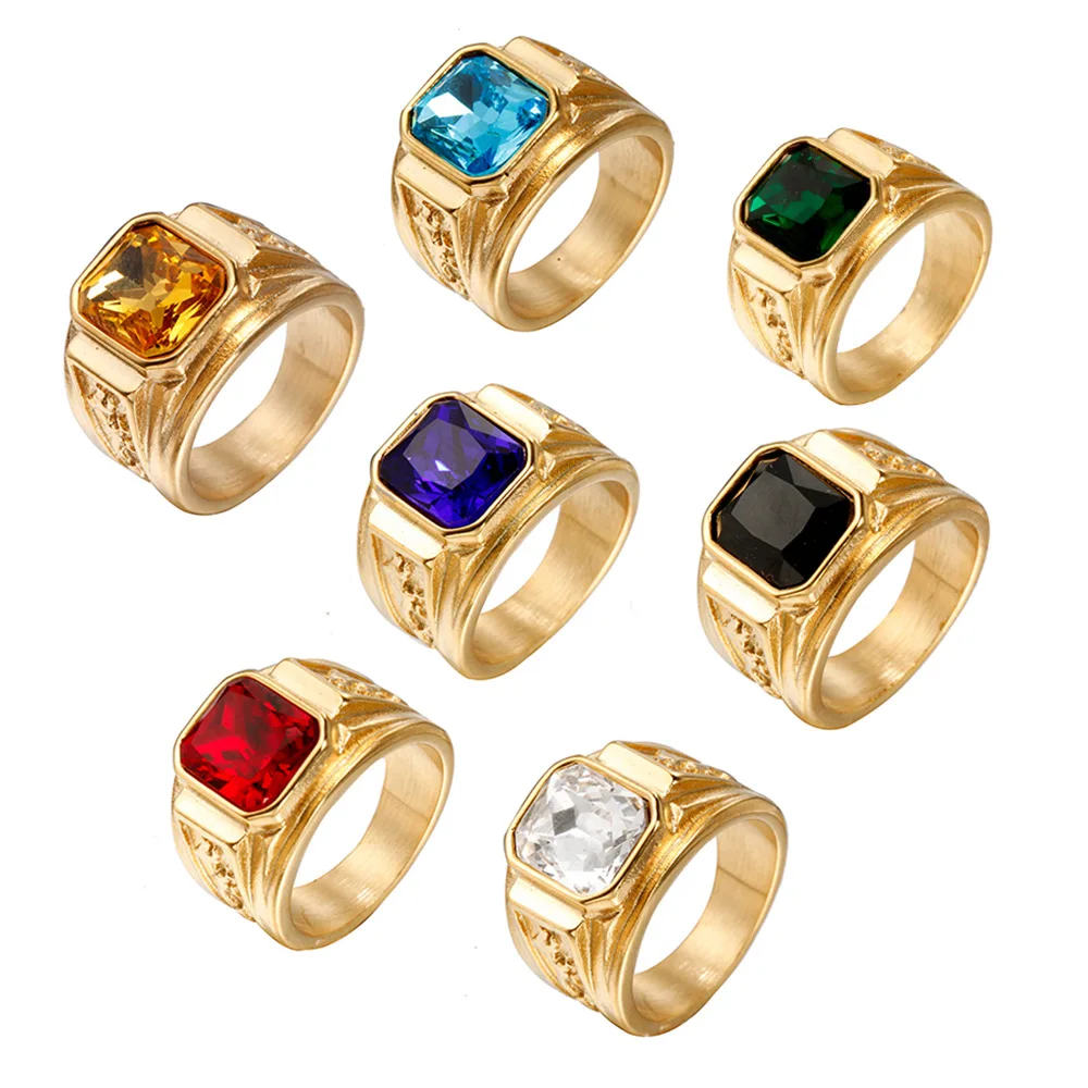 G3329 Wholesale Fashion Finger Ring Jewelry Stainless Steel Gold Plated Square Rhinestone Stone Black Ring For Men