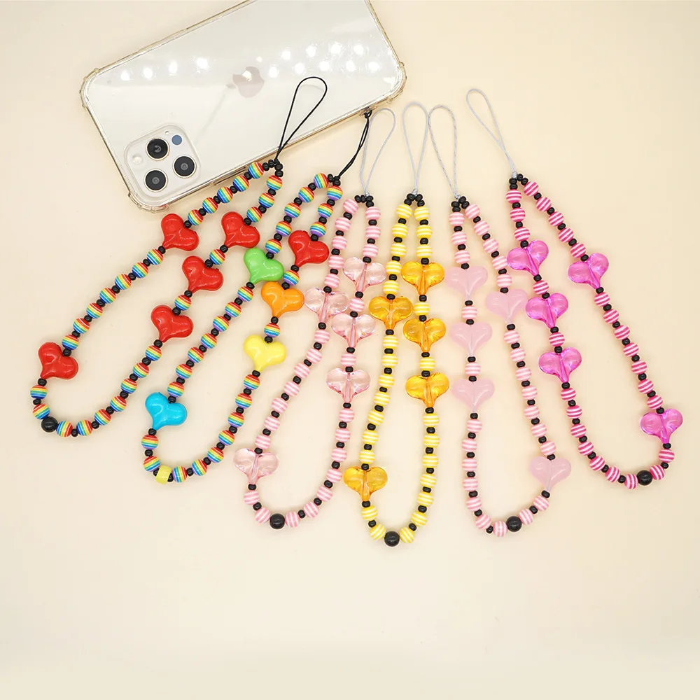 Trending Products 2022 Phone Case Chain Wristlet Cord Colorful Wrist Cell Phone Chain Thick Green Beaded Phone Charm Flatback