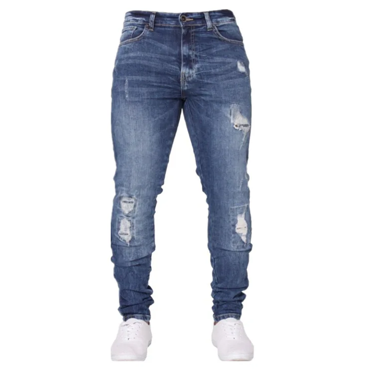
 Зимние Модные мужские повседневные рваные джинсы, винтажные зауженные джинсы карандаш с дырками   (62251432889)