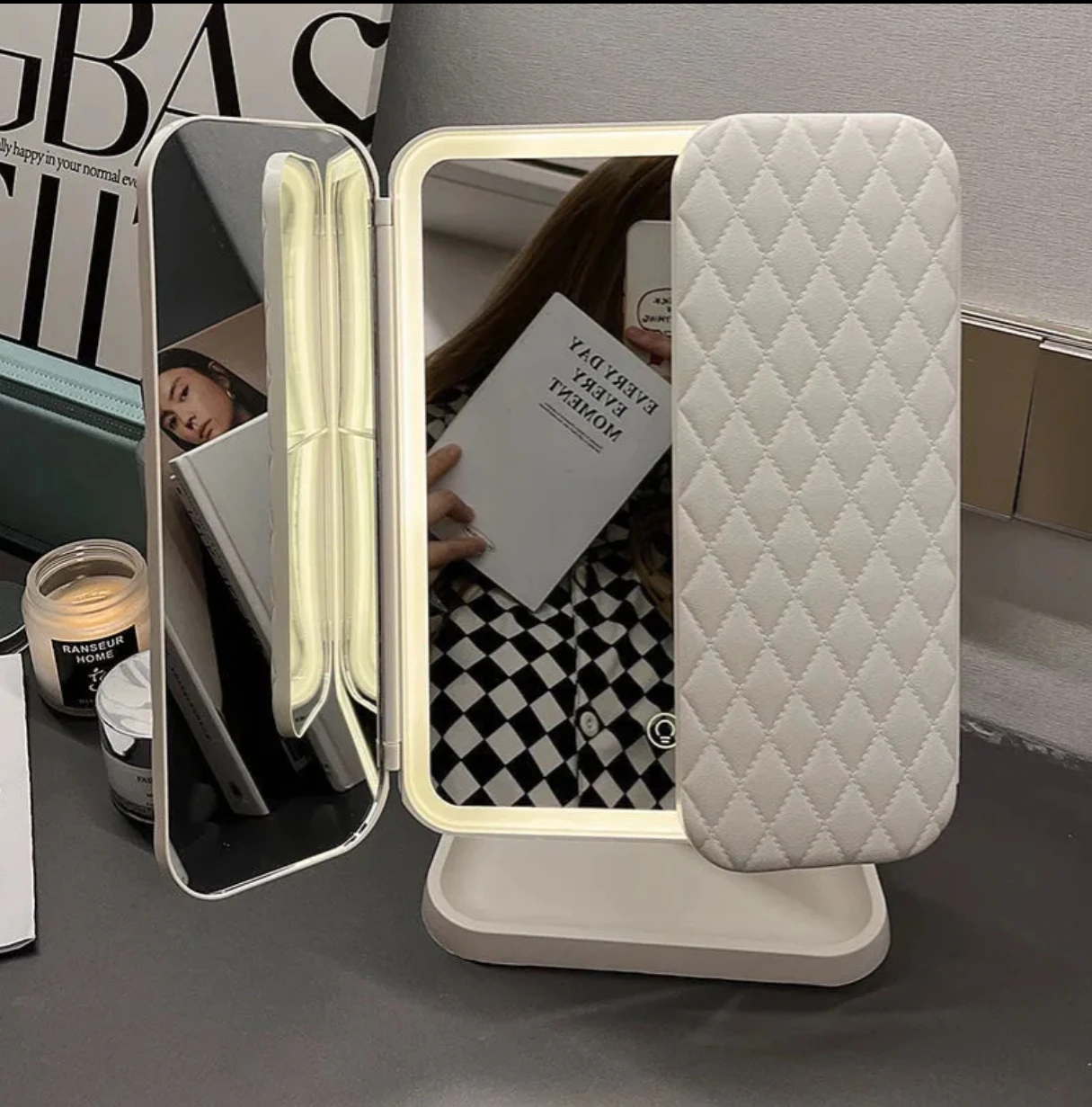 Desktop led cosmetic mirror storage box two-in-one shell three-sided folding dressing mirror adjustable mirror