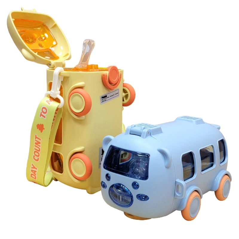2024 Popular 500ml Cartoon School Kids Water Bottle Double Wall Plastic Straw Cups Bus Water Bottle For Kids