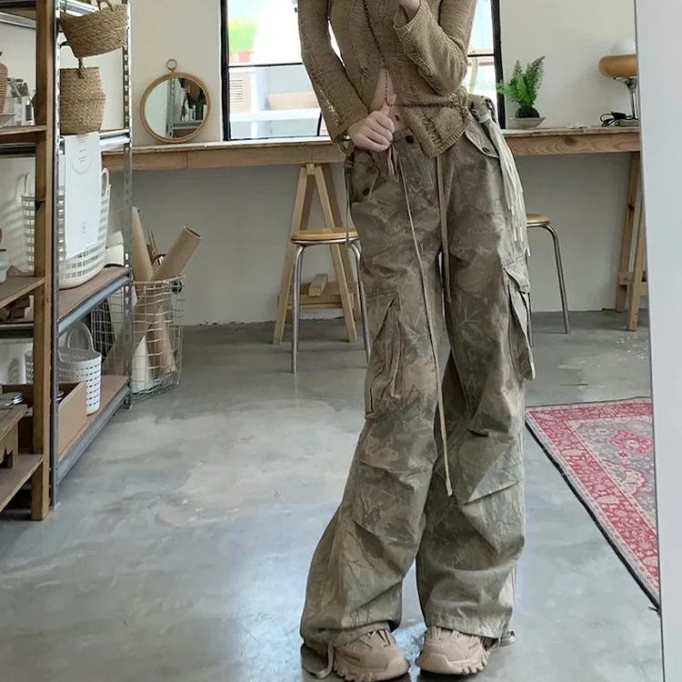 Custom OEM Manufacturer Vintage Pockets High Waist Streetwear baggy Casual ladies Long parachute Cargo Pant for women Trousers