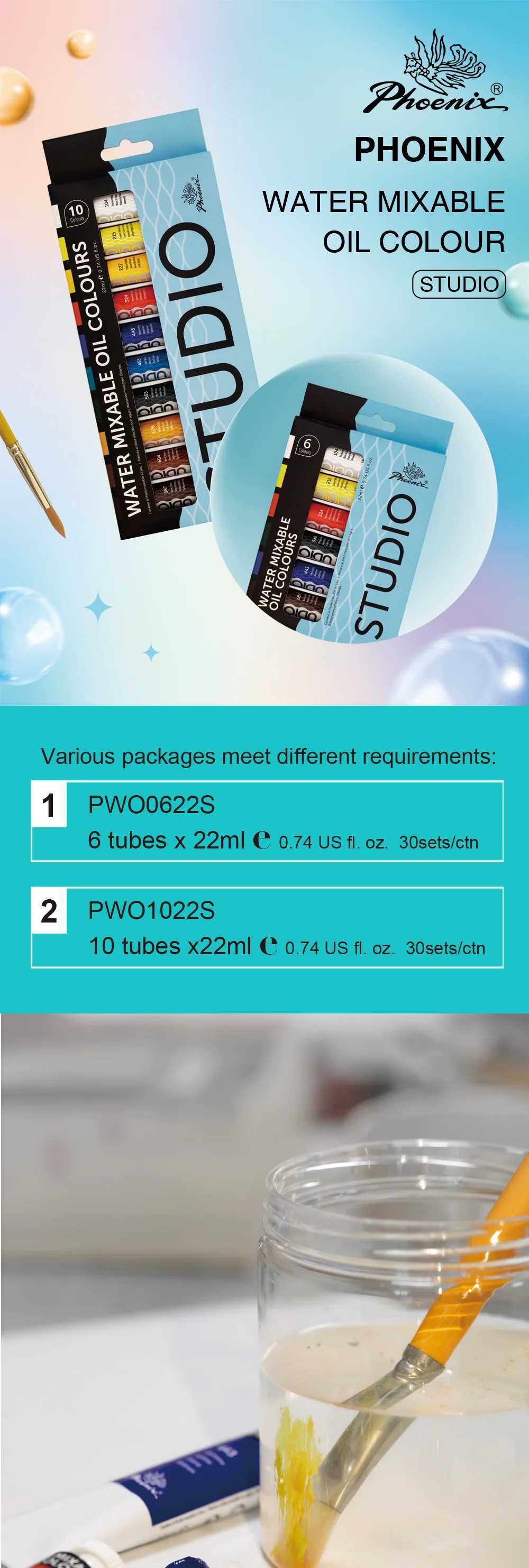 Fast Seller Water mixable Oil Paints High Quality Aluminum Choice Painting Phoenix Studio Oil colours 6 colours 22ml