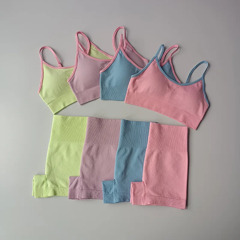 Fashion Custom Logo Seamless High Support Workout Yoga Sets Women Gym Sports Bra Spandex Leggings Set