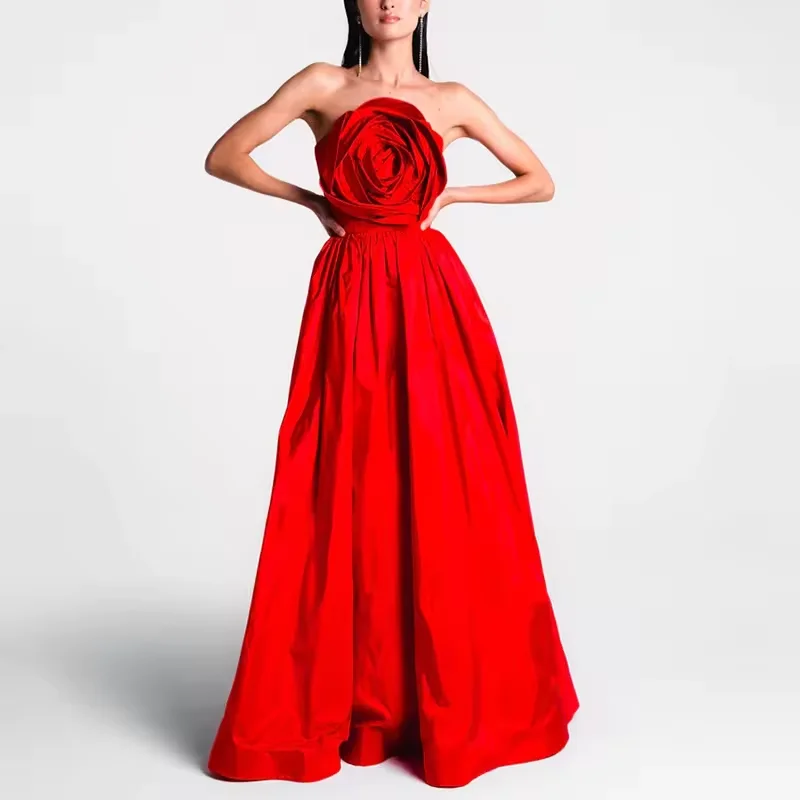 High Quality Long Gown Evening Dress Elegant Sleeveless Open Back Large 3D Flower Design Maxi Red Evening Dress