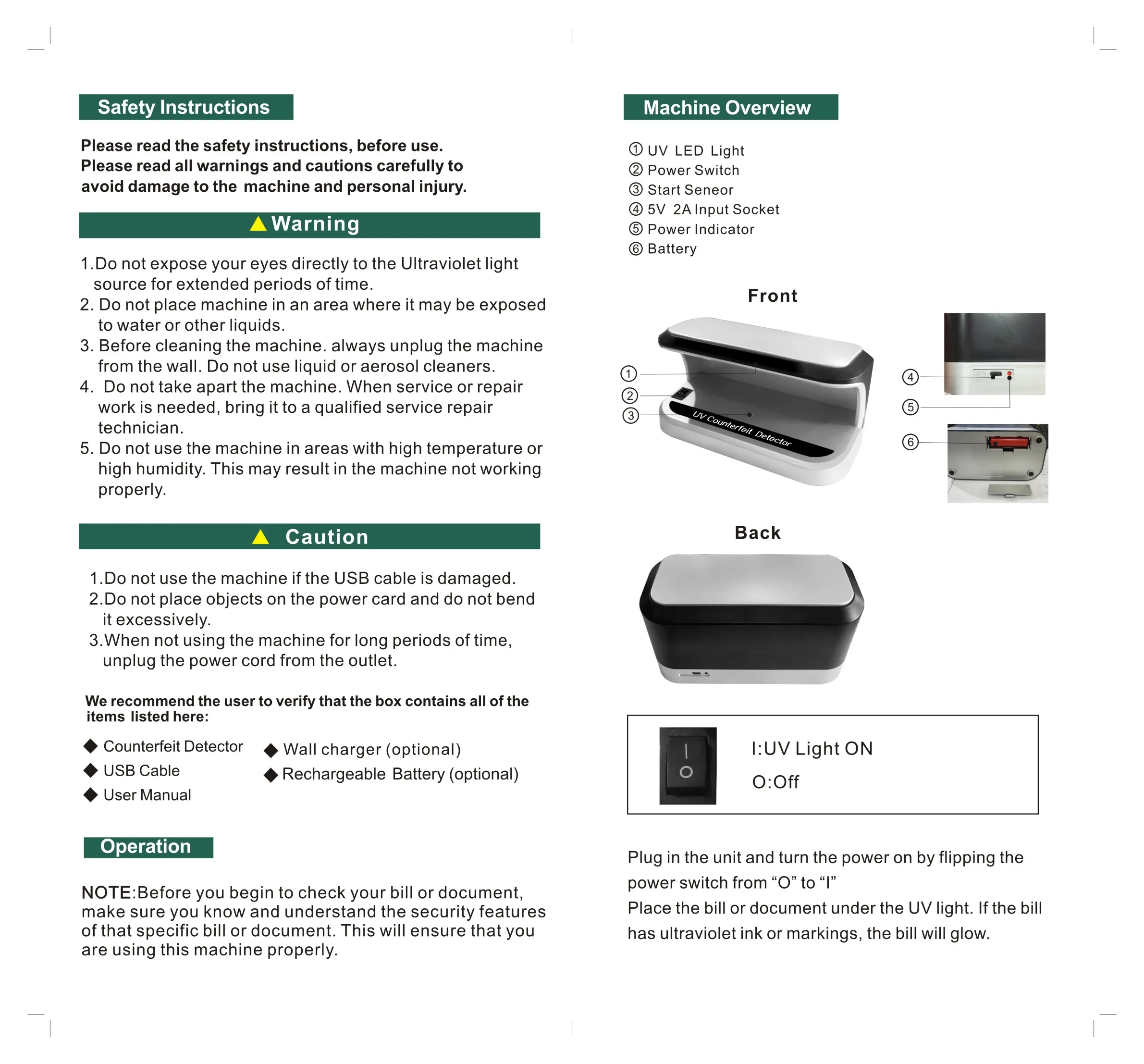 UNION 6604 Portable Money Detector Machine Counterfeit Banknote UV Bill Counter Detector with Battery USE