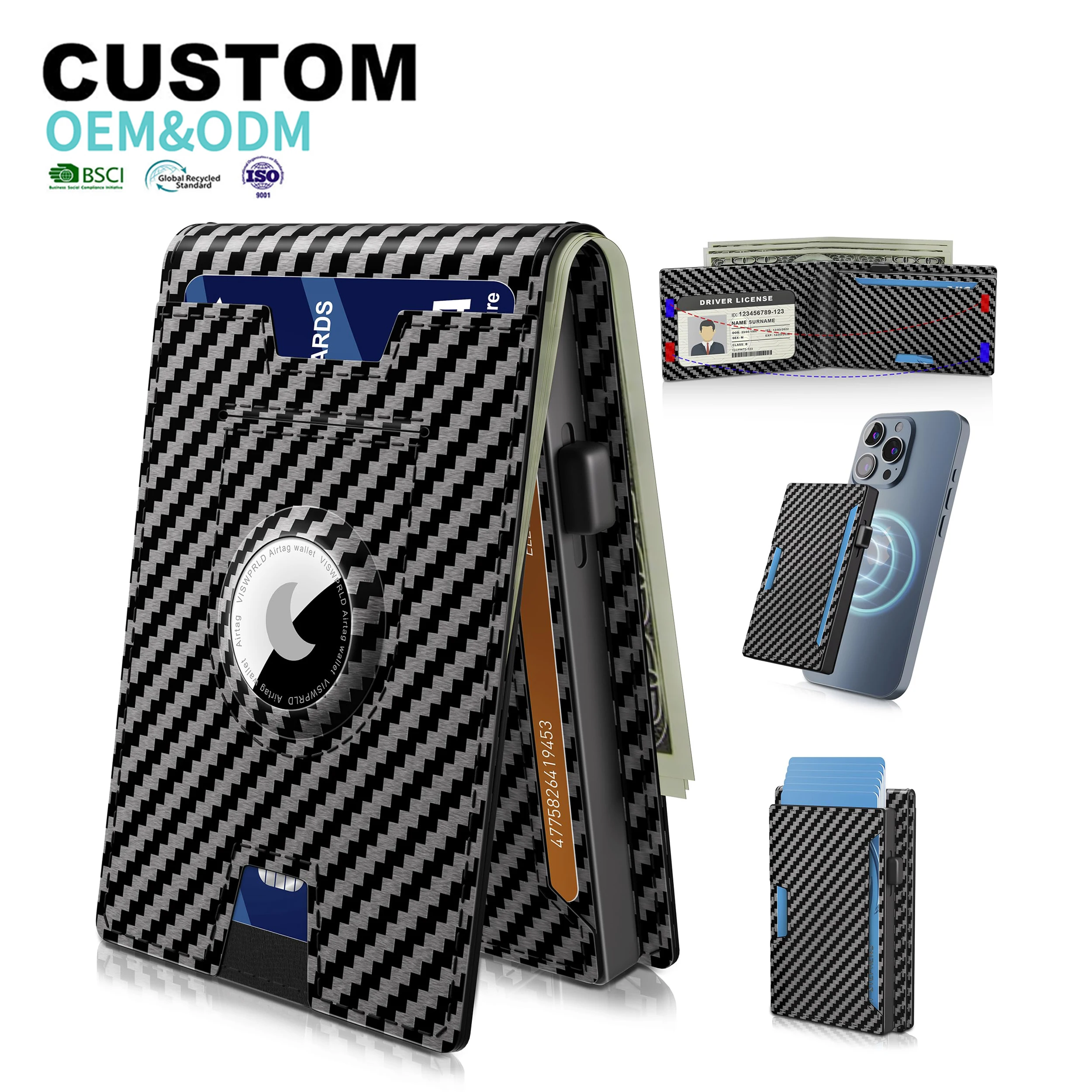 Carbon Fiber Leather Magnetic Close Wallet With Air Tag Holder RFID Blocking Business Pop Up Credit Card Holder Wallet