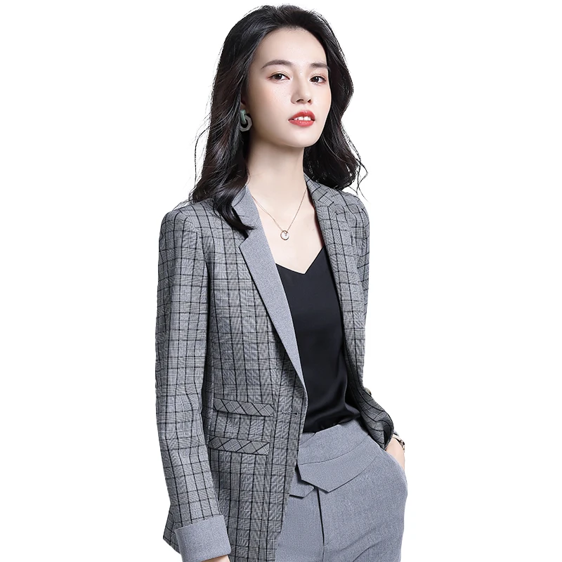 Women Plaid Single Breasted Business 3 Piece Light Grey Formal Wedding Suits 2021