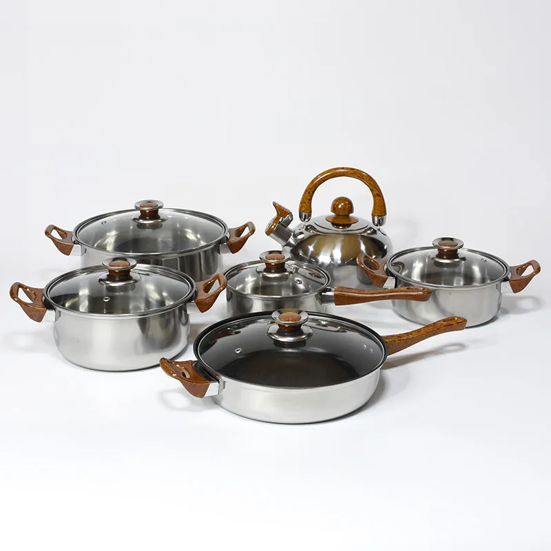 New 12 piece stainless steel pot wood grain handle with kettle kitchen cooking pot cooker set