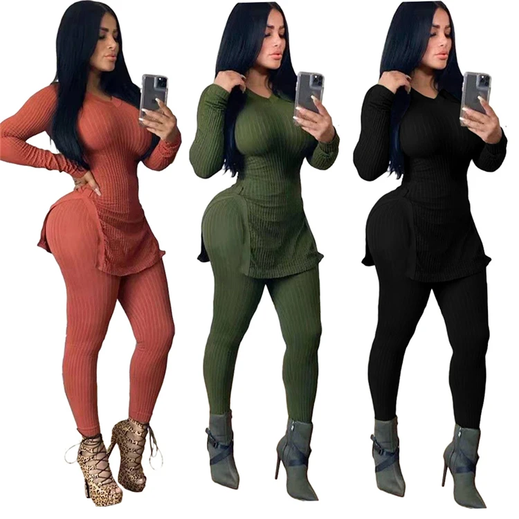 
2020 Latest design Knitted women long sleeve Sexy two piece set women clothing 