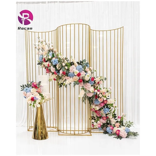 Curve Shape Metal Backdrop White Golden Arch Beads Hanging Metal Gate Door Stand Backdrop Wedding for Event Ceremony