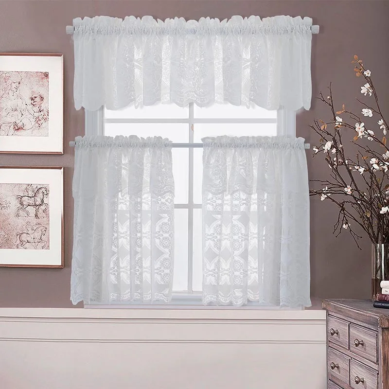 Белый кружевной Цветочный дизайн 3 шт. Cortinas De Cocina кухонные шторы набор коротких окон