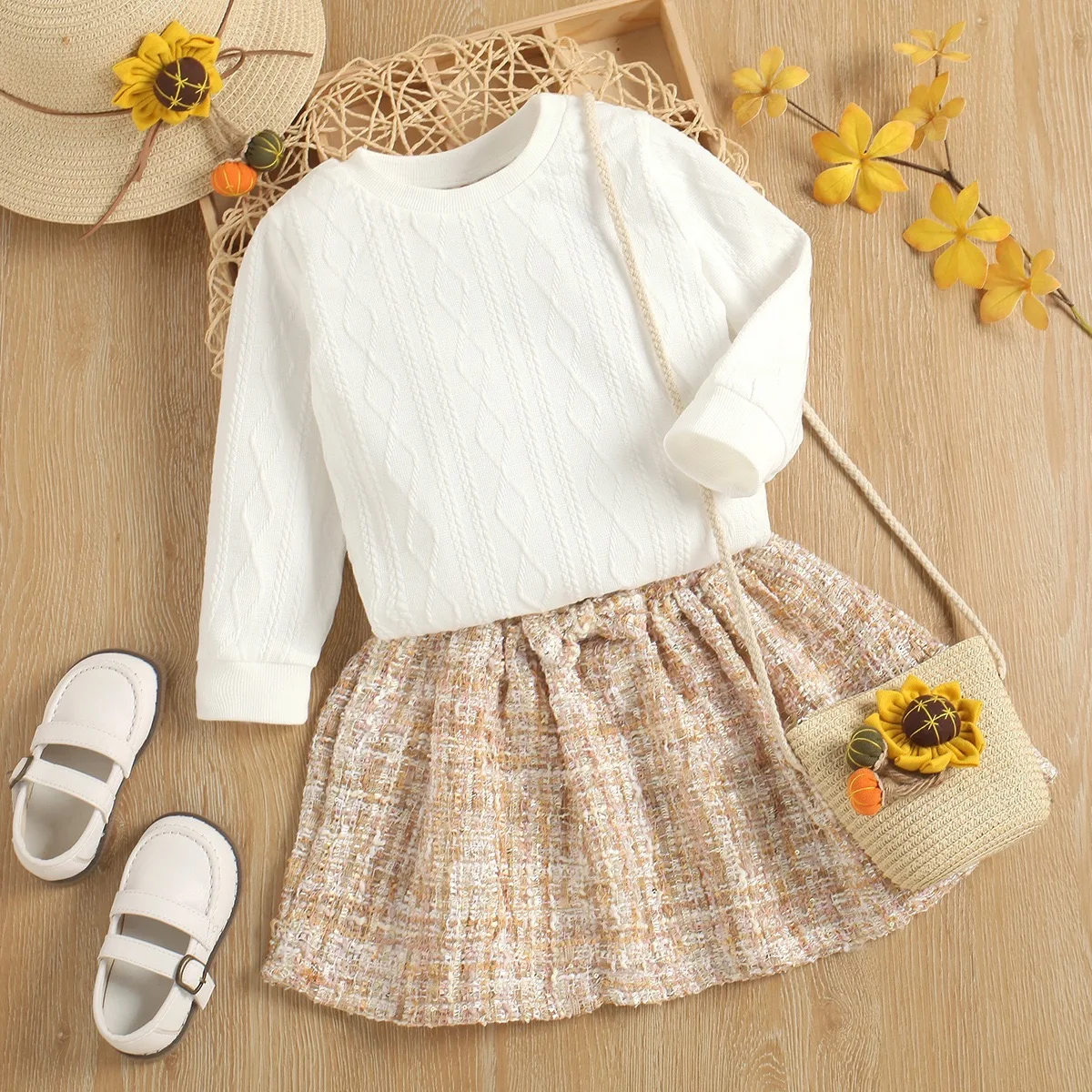 Hot Selling Solid Girls Autumn Long Sleeve Knitted Two Pieces Skirt Sets