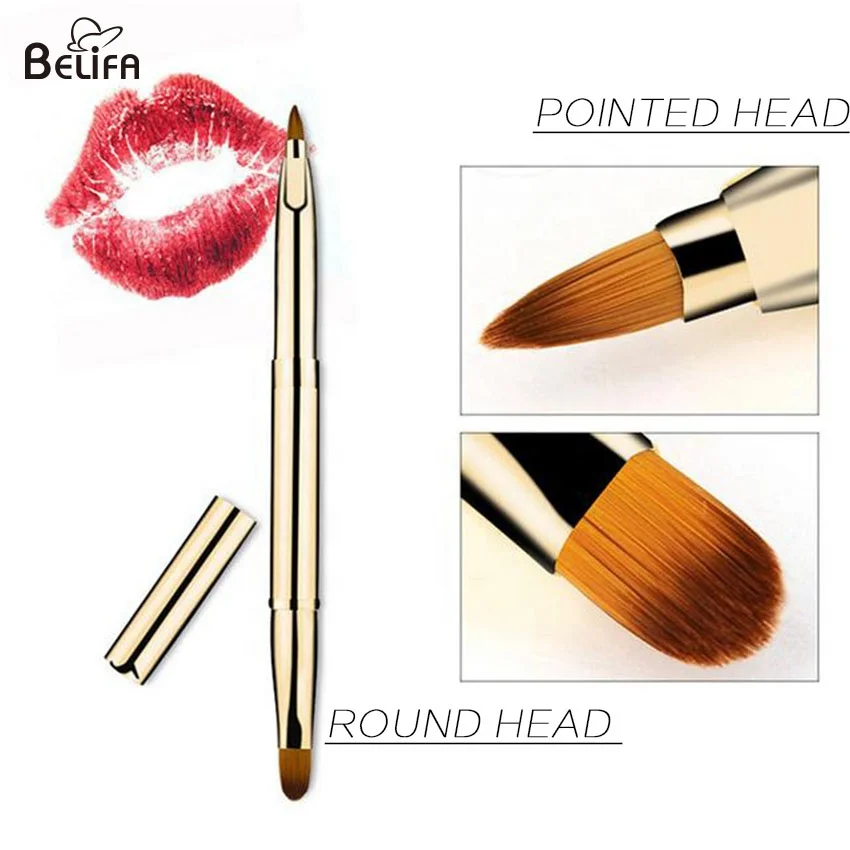 Custom Private Label vegan synthetic hair professional double side dual head lip gloss concealer retractable lip brush with cap