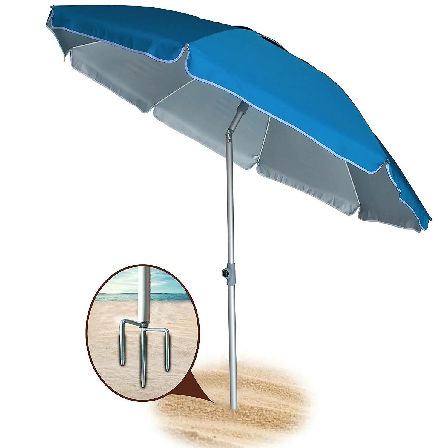 7 ft Sand Anchor Beach Umbrella Adjustable Height with air vent Zinc Tilt Twist-in System UPF 50+ Silver Coating Inside