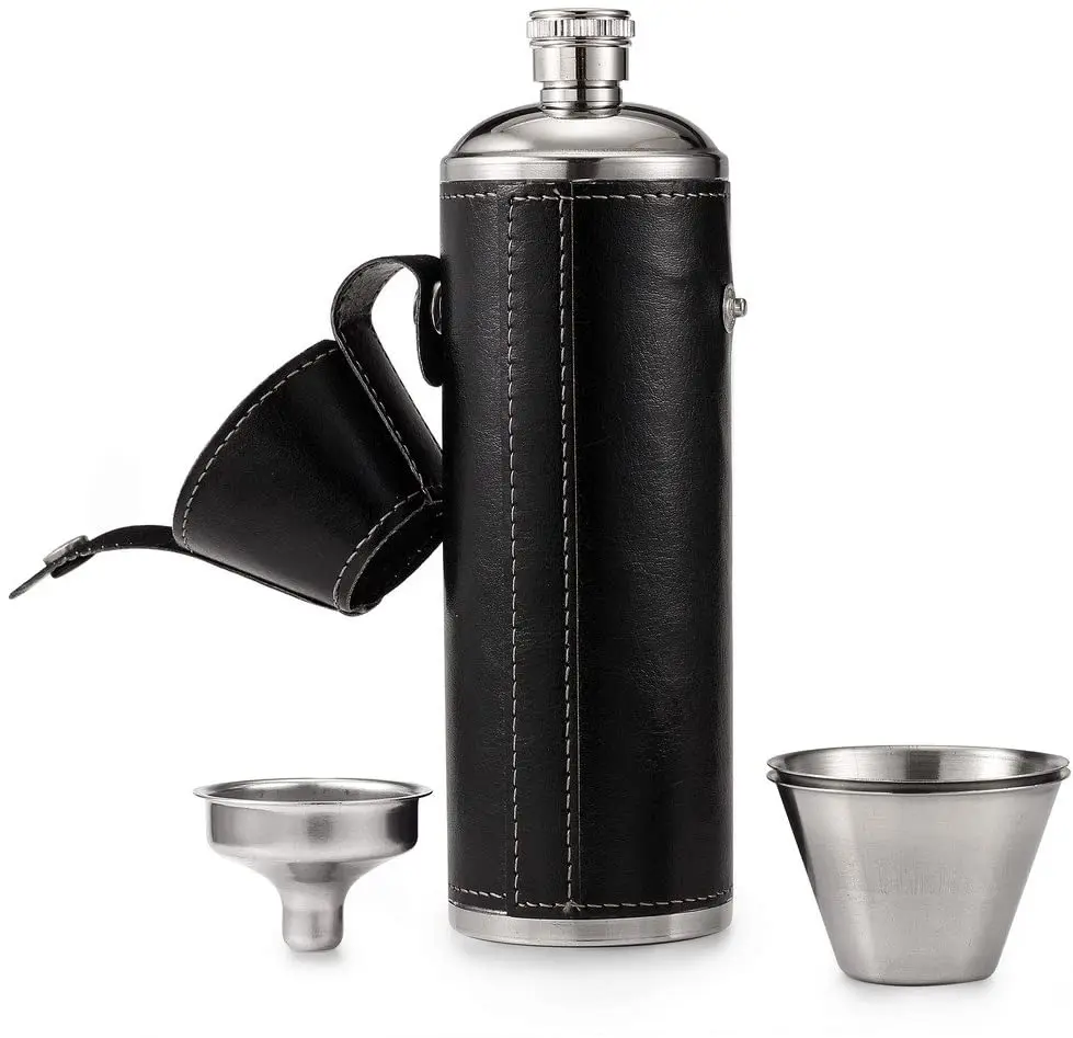 10Oz Leather Packed Travel Hip Flask With 2Oz Shot Glasses